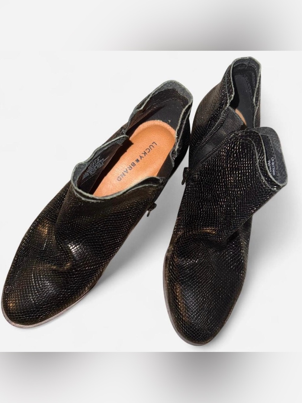 Lucky Brand black snake embossed leather ankle booties NWOT